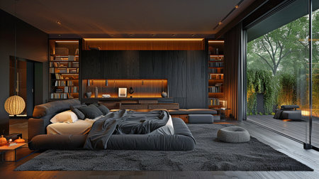 Large bed in contemporary black bedroom. Open-plan interior design for modern living spaces. Large, dark living area. the design of homes and buildings.の素材