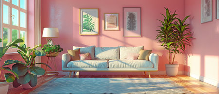 Interior of a Modern Mid Century Living Room with Pastel Colorsの素材