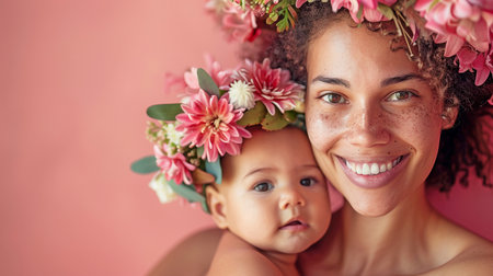 Hawaiian-dressed mother and infant grinning against a pink backdrop.の素材
