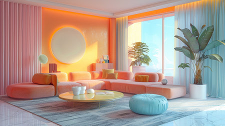 Soft-hued Modern Mid-Century Living Room Decorの素材