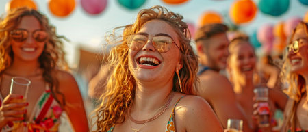 An image of a voluptuous, overweight white woman laughing during a beach party.の素材
