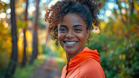 An image of a contented, athletic African American lady exercising outside.の素材