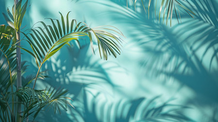 An abstract background for spring and summer with a light blue wall and a hazy shadow created by palm leaves.の素材