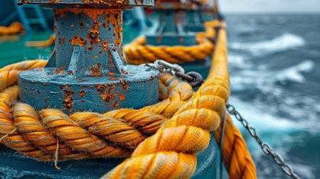 mechanical equipment for mooring a commercial ship at port, including a winch and mooring line, with a copy space picture. Area for design or text addition.の素材