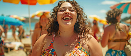 An image of a voluptuous, overweight white woman laughing during a beach party.の素材