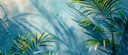 An abstract background for spring and summer with a light blue wall and a hazy shadow created by palm leaves.の素材