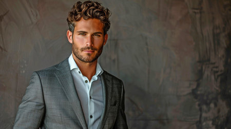 Full body shot of a dapper young man with cropped hair and a goatee wearing a suit.の素材