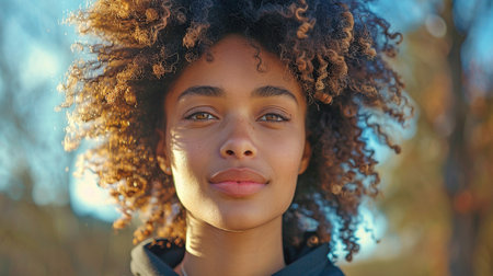 An image of a contented, athletic African American lady exercising outside.の素材
