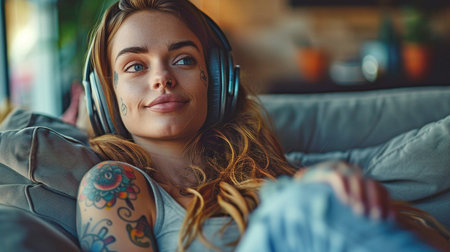 a modern woman with tattoos who enjoys music at home.の素材