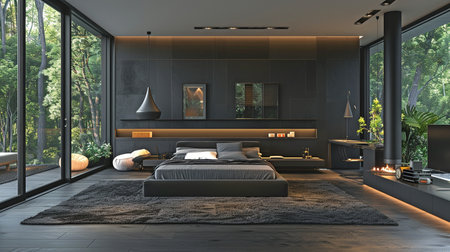 Large bed in contemporary black bedroom. Open-plan interior design for modern living spaces. Large, dark living area. the design of homes and buildings.の素材