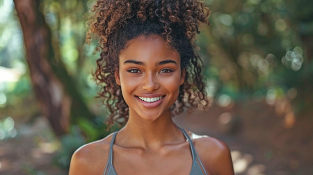 An image of a contented, athletic African American lady exercising outside.の素材
