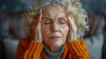 An adult woman with a migraine. An elderly woman clutching her head in agony due to a headache.の素材
