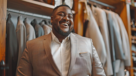 African man of plus size putting on a wedding suit. Excited for the wedding, happiness, and marriage, the happy groom smiles.の素材