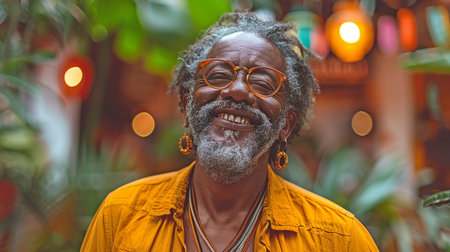 Positive elderly black man dancing in his house. Concepts of wellbeing and happiness.の素材