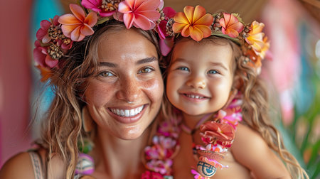 Hawaiian-dressed mother and infant grinning against a pink backdrop.の素材