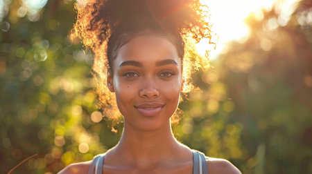 An image of a contented, athletic African American lady exercising outside.の素材
