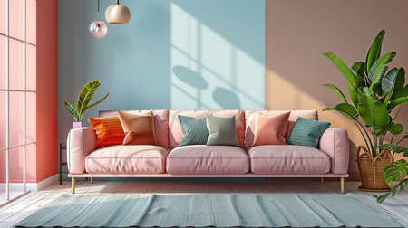 Interior of a Modern Mid Century Living Room with Pastel Colorsの素材