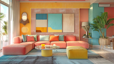 Soft-hued Modern Mid-Century Living Room Decorの素材