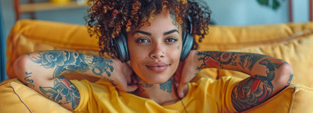 a modern woman with tattoos who enjoys music at home.の素材