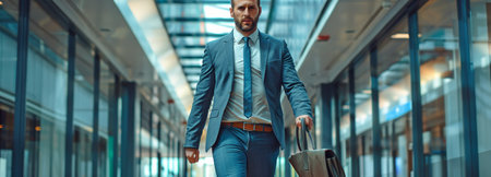 Sleek businessman rushing down the office hallway, satisfied with his business bag.の素材