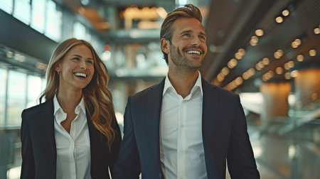 In a vast office environment, a modern businessman and lady stroll with a smile on their faces, radiating confidence and harmony in the modern hallway.の素材