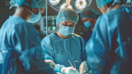 A group of physicians collaborating in the operating room during a procedureの素材