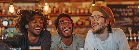 Three young males, appearing thrilled at soccer matches, were laughing at the bar.の素材