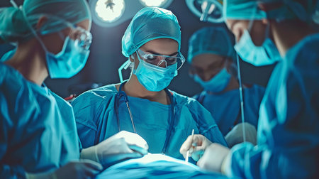 A group of physicians collaborating in the operating room during a procedureの素材