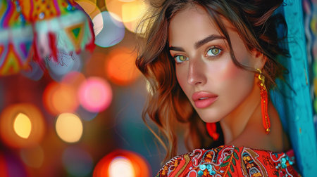 A portrait of a 25-year-old woman with an oval face, brown hair, and brightly embroidered Ukrainian clothing on a black background in the cityの素材
