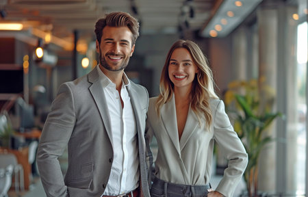 Smiling and striding in a modern hallway of a spacious office, a young, modern businessman and businesswoman radiate confidence and harmony.の素材
