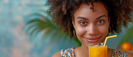 A youthful, obese African American woman sipping a detoxifying beverage.の素材