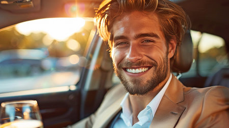 a happy young man with a glass of wine while seated in a vehicle. donning a suitの素材