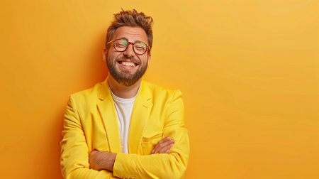 content, confident, and grinning A slightly overweight businessman dressed brightlyの素材