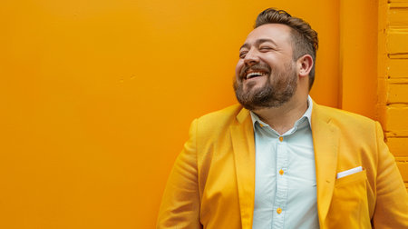 grin with confidence and happiness A somewhat chubby businessman dressed brightlyの素材
