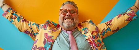 grin with confidence and happiness A somewhat chubby businessman dressed brightlyの素材