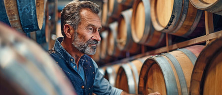 A classic wine cellar, where a winemaker inspects oak barrels.の素材