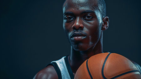 On a dark background, a basketball player is clutching a ball.の素材