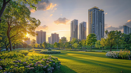 A green metropolitan park is lit up by the setting sun in this landscape view of modern structures.の素材