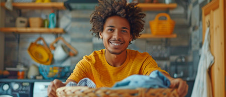 a Joyful person cheerfully ironing and washing clothes at home while carrying a laundry basket.の素材