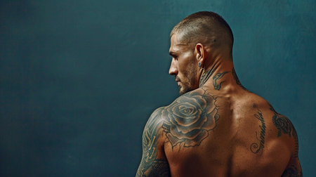 Strong man with a back tattoo in front of a dark background.の素材