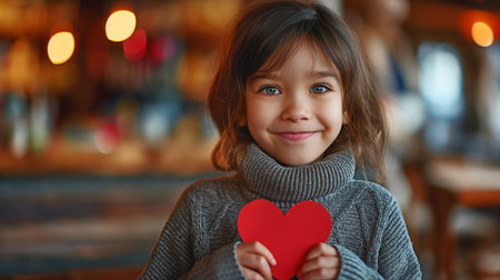 happy child holding a red paper heart while standing in living room, grinningの素材