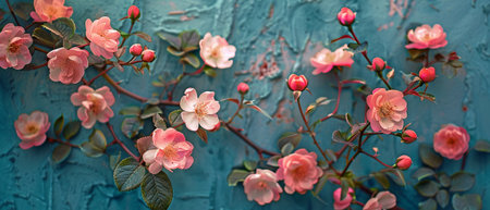 Cluster of White and Pink Flowers on a Blue Wall.の素材