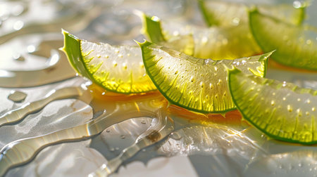 Close-up of aloe vera with honey on a white wooden backdrop. Aloevera slices, natural organic rejuvenation cosmetics, Aloe vera gel, organic skincare idea.の素材
