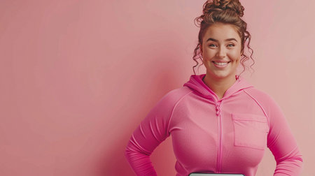 Happy, overweight lady in tracksuit tops achieving her aim of losing weight, a plus-size, obese lady wearing sportswear smiles.の素材