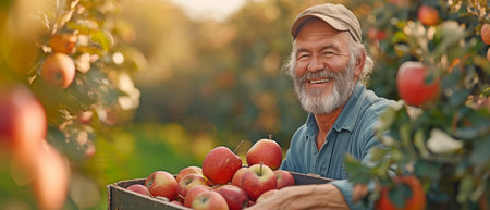 An employee at an orchard is happy as she loads apples into a crate.の素材