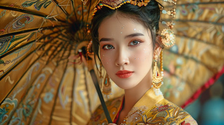A gorgeous woman with expensive jewelry and detailed traditional clothing, her calm and collected attitude highlighting the beauty and richness of cultural history.の素材