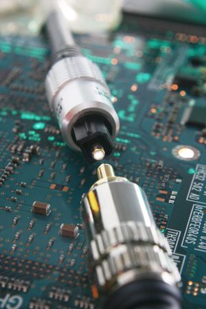Computer electronics. Fiber optic cable connector in focus