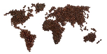 Coffee beans in the shape of World on a white background.の写真素材