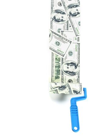 Abstract concept . Roller with dollar paint on white backgroundの写真素材