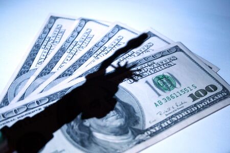 statue of liberty casts shadow on hundred dollar billsの写真素材
